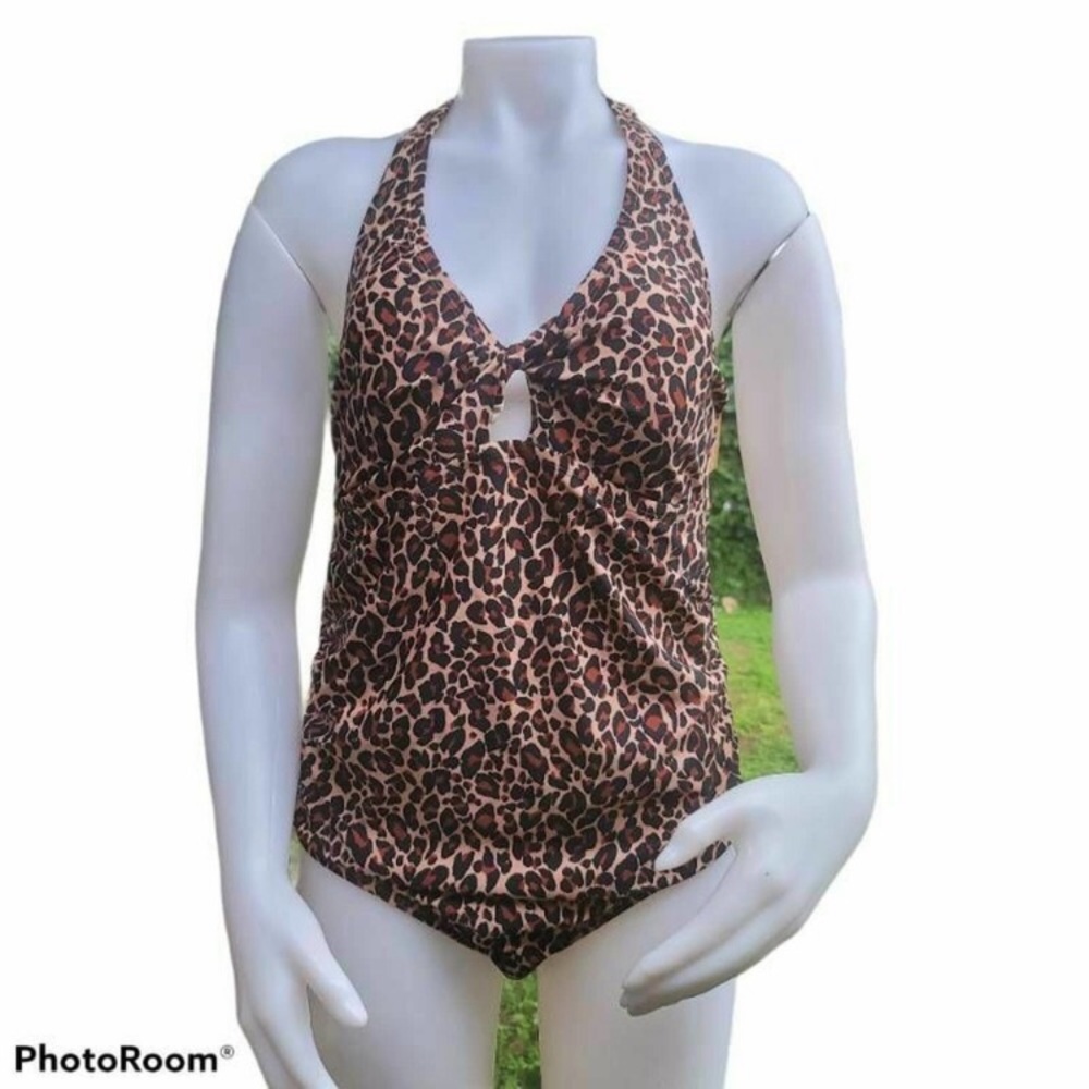 One Piece Swimsuit Brown Leopard Print Halter